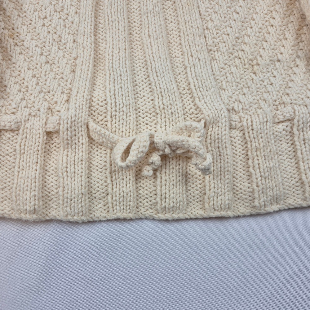 Handmade Knit Sweater M Ivory‎ Cable V Neck Drawstring Hem VTG Y2K Cottagecore - Picture 3 of 12